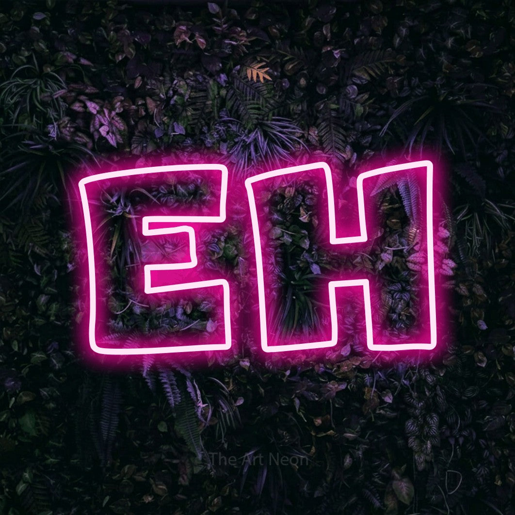Hot pink outline-style LED neon sign reading "Eh" against a purple floral wall