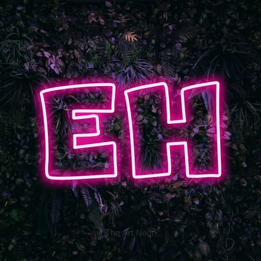 Hot pink outline-style LED neon sign reading "Eh" against a purple floral wall