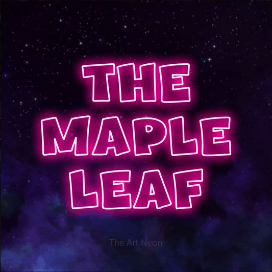 Enseigne néon à DEL à lumière rose vif, de style contour, affichant « The Maple Leaf » sur un arrière-plan de galaxie violette
