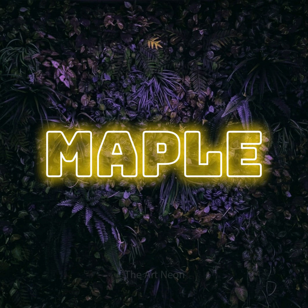 Yellow outline-style LED neon sign reading "Maple" against a purple floral wall