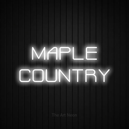 Enseigne néon à DEL à lumière blanche froide, affichant « Maple Country » sur un mur noir à lattes verticales
