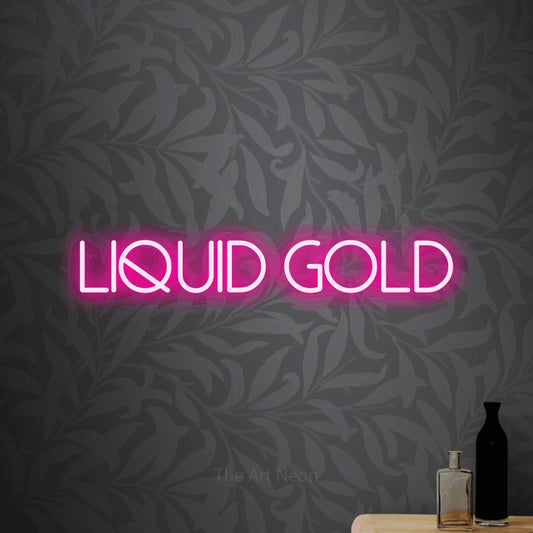 Enseigne néon à DEL à lumière rose vif, affichant « Liquid Gold » sur un papier peint floral gris pâle