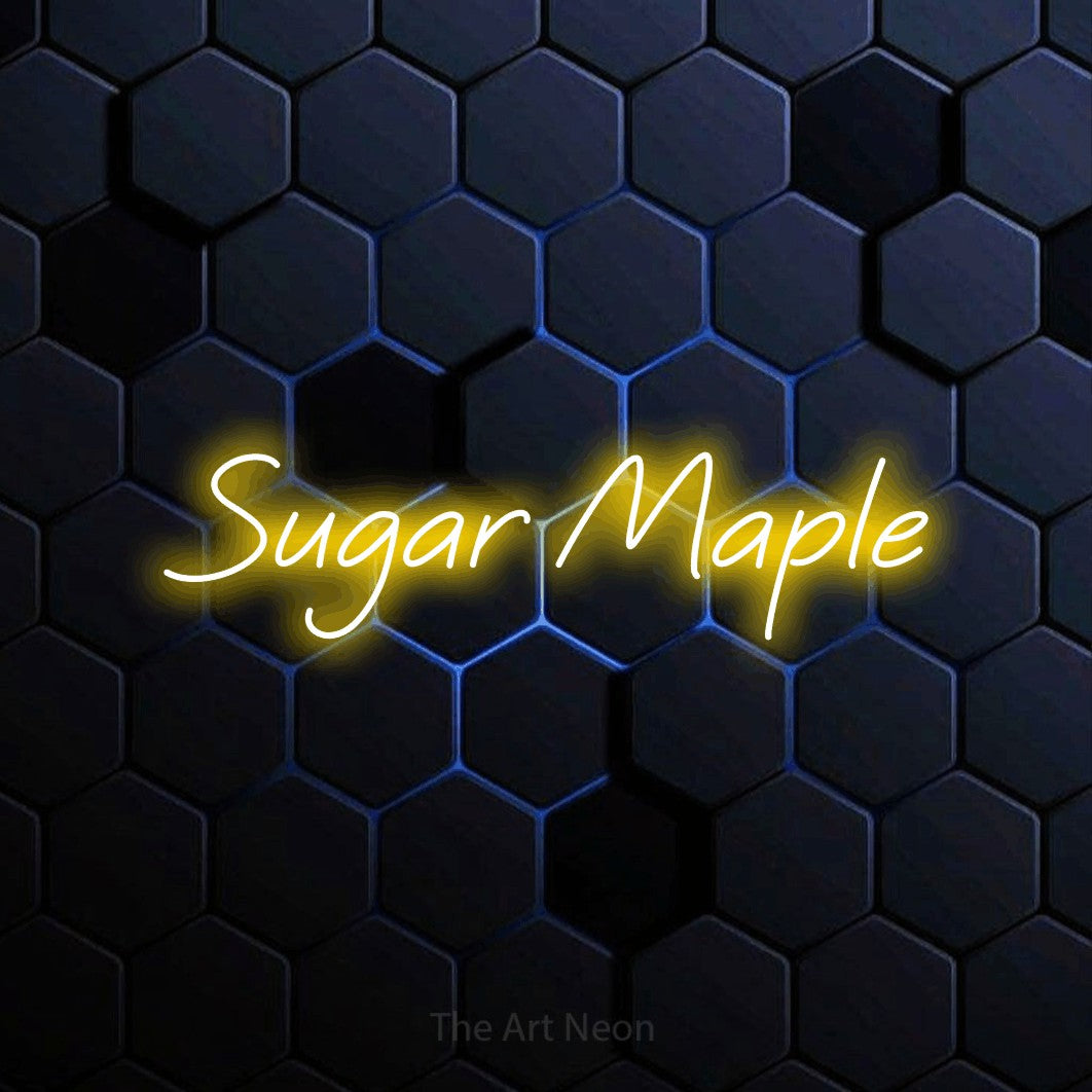 Yellow LED neon sign reading "Sugar Maple" against a blue hexagonal wall