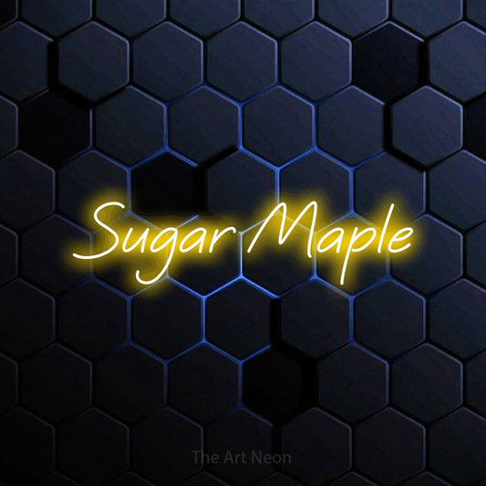 Enseigne néon à DEL à lumière jaune, affichant « Sugar Maple » sur un mur hexagonal bleu