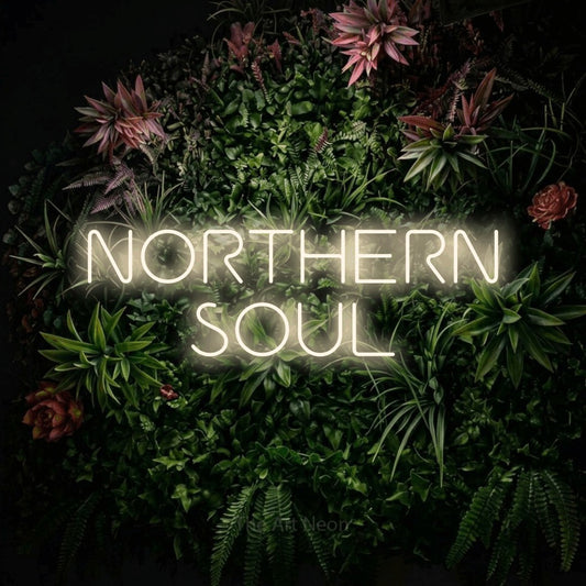 Enseigne néon à DEL à lumière blanche chaude, affichant « Northern Soul » sur un mur de jardin fleuri