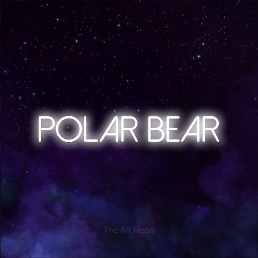 Enseigne néon à DEL à lumière blanche froide, affichant « Polar Bear » sur un arrière-plan de galaxie violette