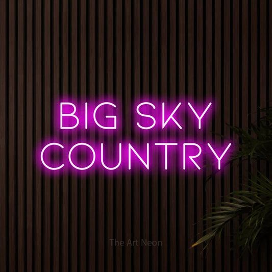 Pink LED neon sign reading "Big Sky Country" against dark wooden slats