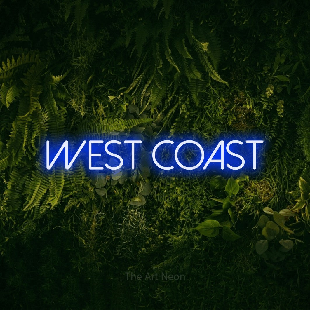 Blue LED neon sign reading "West Coast" against a moss-covered green wall