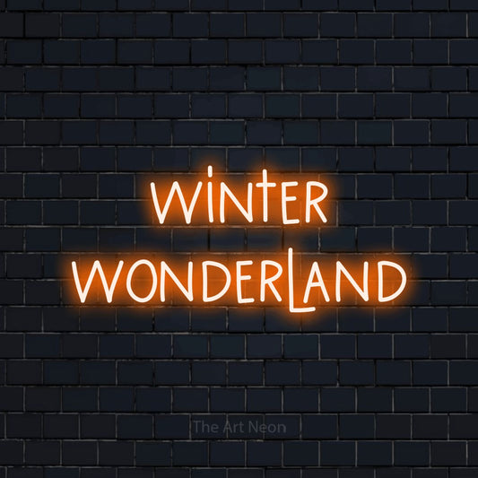 Orange LED neon sign reading "Winter Wonderland" against a dark navy brick wall