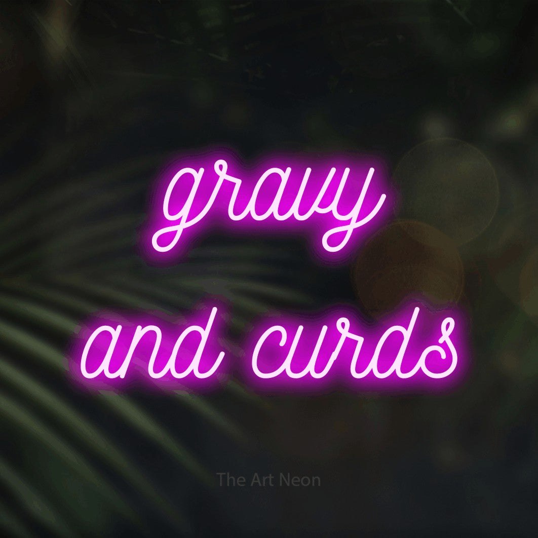 Pink script-style LED neon sign reading "Gravy and Curds" against dark blurred palm leaves