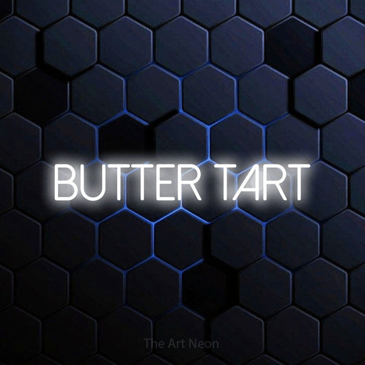 Enseigne néon à DEL à lumière blanche froide, affichant « Butter Tart » sur un mur hexagonal bleu