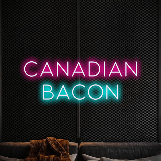 Enseigne néon à DEL à lumière bleu glacier et rose vif, affichant « Canadian Bacon » sur un mur noir texturé