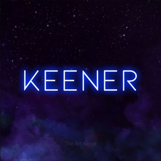 Enseigne néon à DEL à lumière bleue, affichant « Keener » sur un arrière-plan de galaxie violette