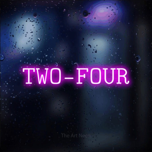Pink LED neon sign reading "Two-Four" against a dark blue bokeh background