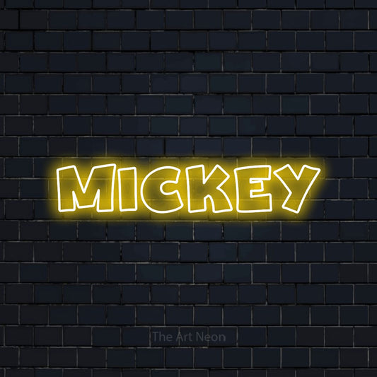 Yellow outline-style LED neon sign reading "Mickey" against a dark navy brick wall
