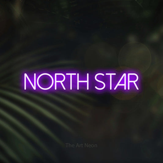 Purple LED neon sign reading "North Star" against dark blurred palm leaves