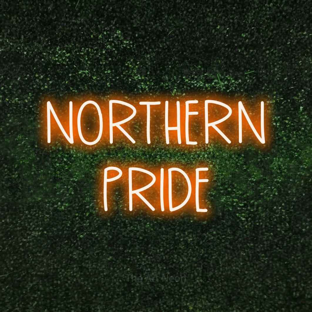Orange LED neon sign reading "Northern Pride" against a textured green moss wall