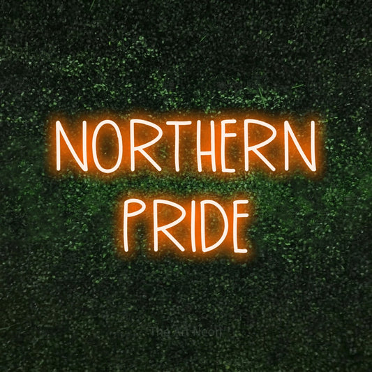 Orange LED neon sign reading "Northern Pride" against a textured green moss wall