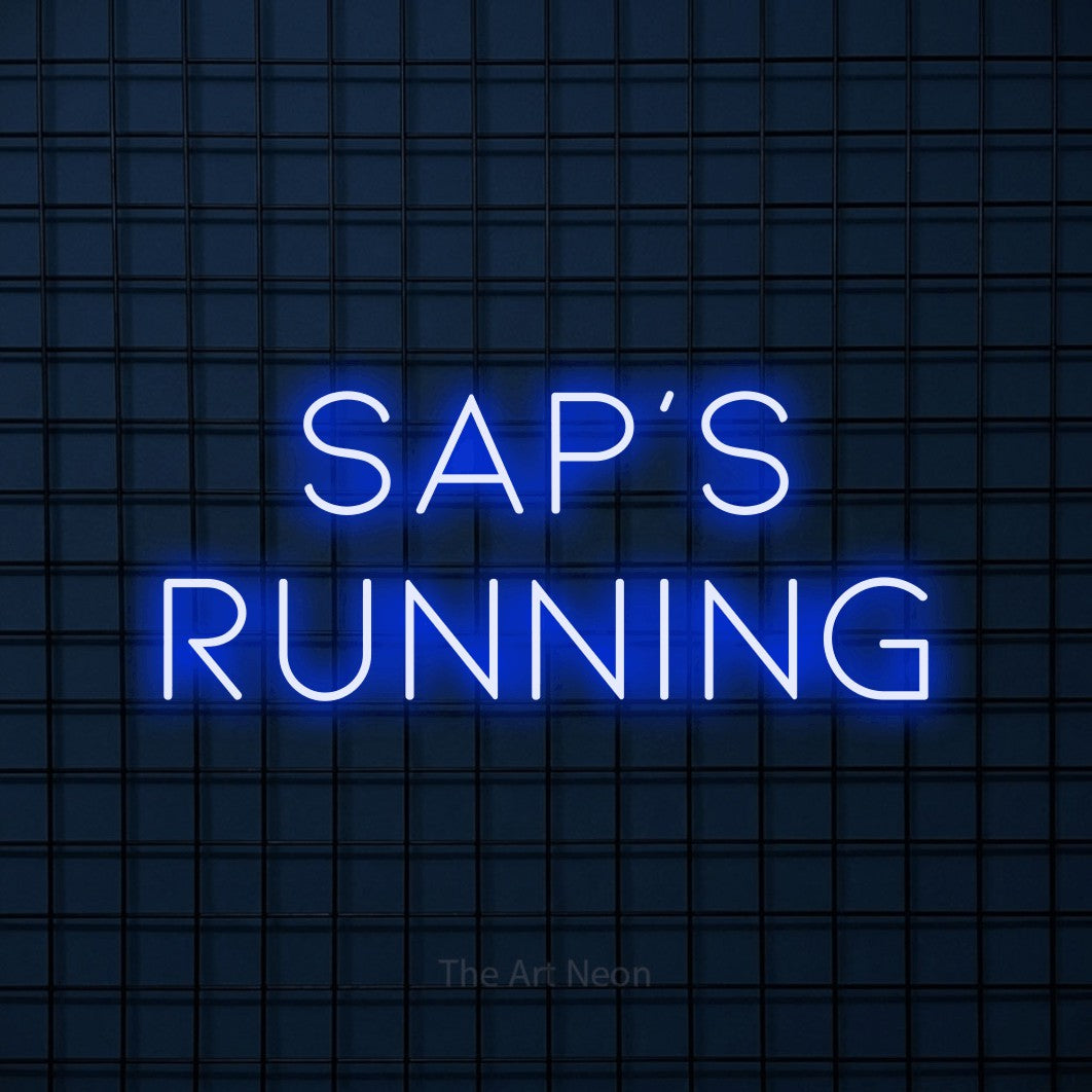 Enseigne néon à DEL à lumière bleue, affichant « Sap's Running » sur un mur carrelé bleu foncé