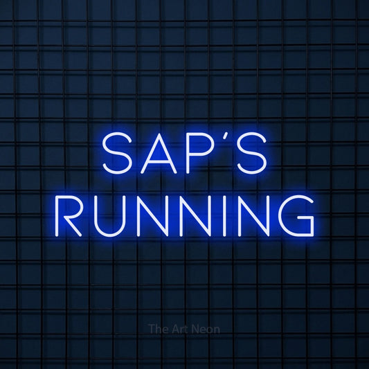 Blue LED neon sign reading "Sap's Running" against a dark blue tiled wall