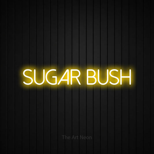 Yellow LED neon sign reading "Sugar Bush" against a black vertical slat wall