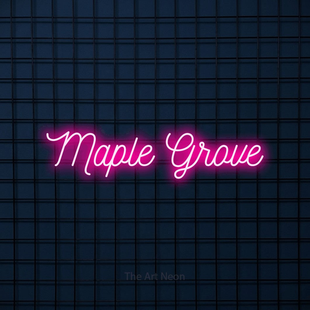 Enseigne néon à DEL à lumière rose vif, de style manuscrit, affichant « Maple Grove » sur un mur carrelé bleu foncé