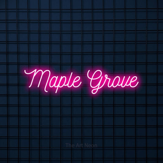 Hot pink script-style LED neon sign reading "Maple Grove" against a dark blue tiled wall