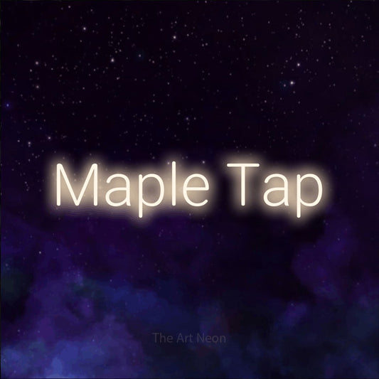 Warm white LED neon sign reading "Maple Tap" against a purple galaxy background
