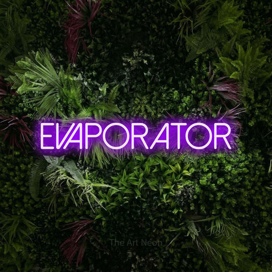 Purple LED neon sign reading "Evaporator" against a lush garden wall with pink flowers