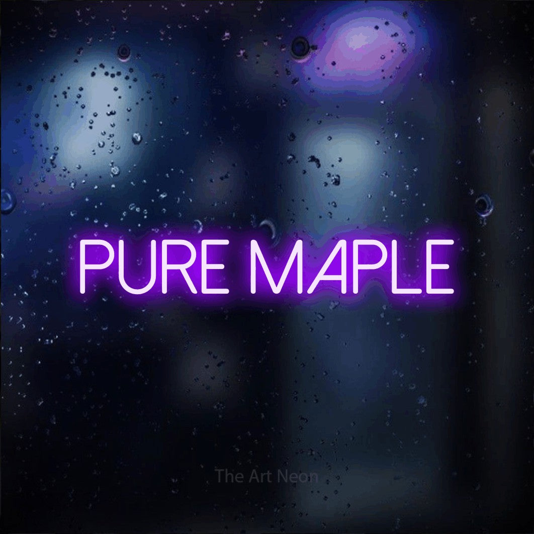 Purple LED neon sign reading "Pure Maple" against a dark blue bokeh background