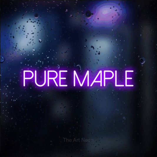 Purple LED neon sign reading "Pure Maple" against a dark blue bokeh background