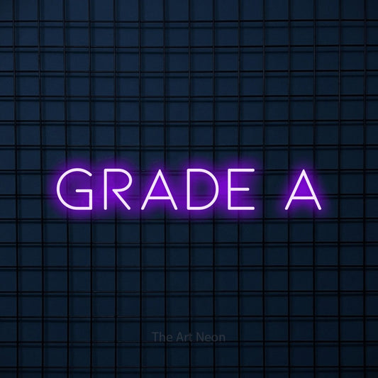 Purple LED neon sign reading "Grade A" against a dark blue tiled wall