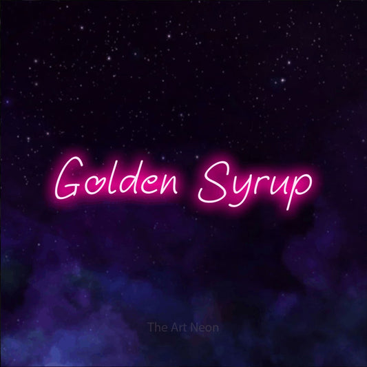 Hot pink LED neon sign reading "Golden Syrup" against a purple galaxy background
