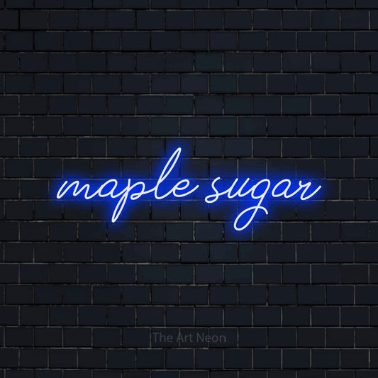 Blue script-style LED neon sign reading "Maple Sugar" against a dark navy brick wall
