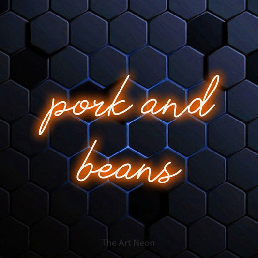 Orange script-style LED neon sign reading "Pork and Beans" against a blue hexagonal wall