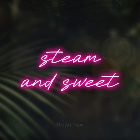 Hot pink LED neon sign reading "Steam and Sweet" against dark blurred palm leaves