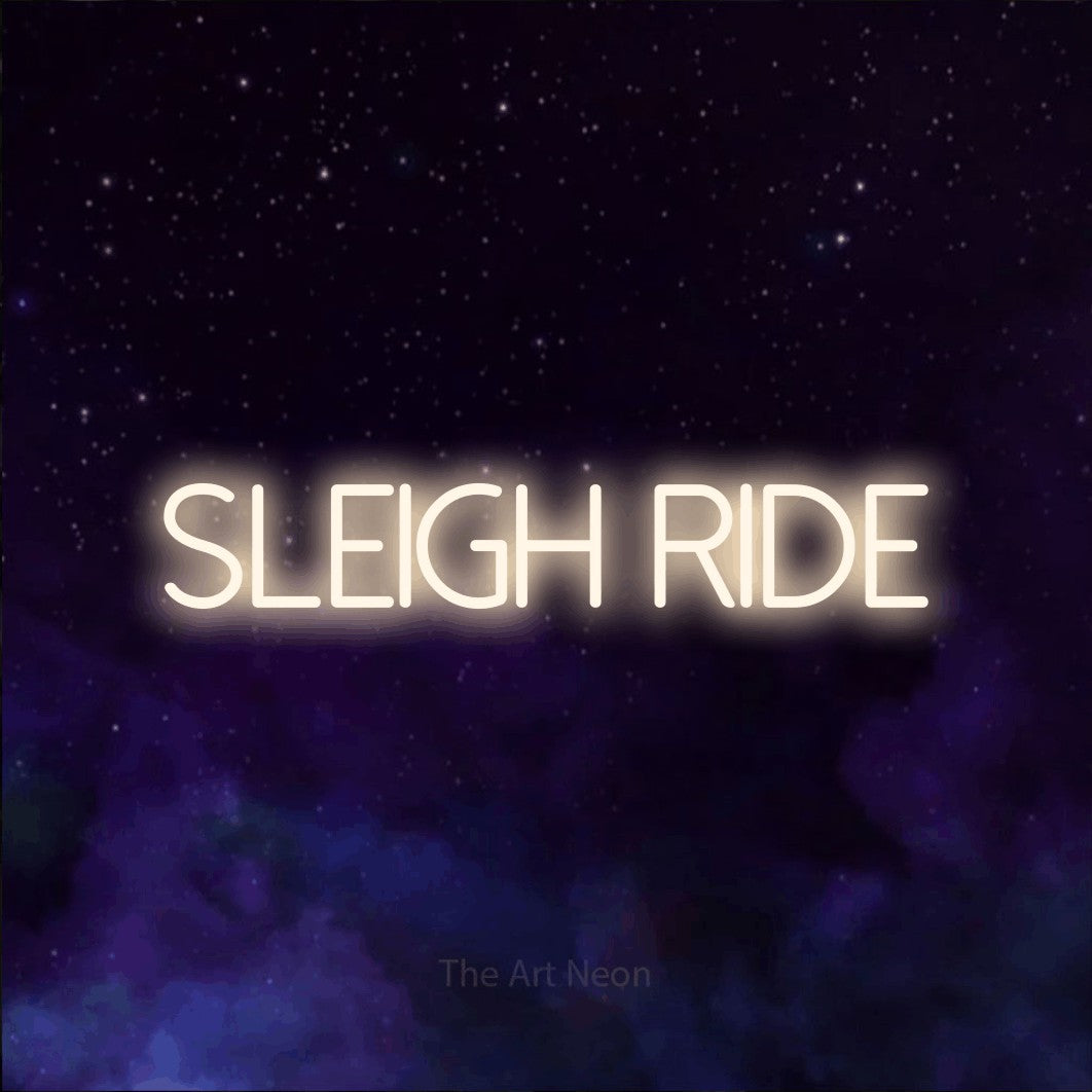 Warm white LED neon sign reading "Sleigh Ride" against a purple galaxy background