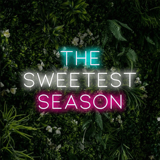 Multicolour LED neon sign reading "The Sweetest Season" against a leafy green wall