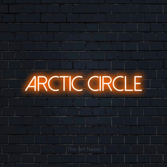 Orange LED neon sign reading "Arctic Circle" against a dark navy brick wall
