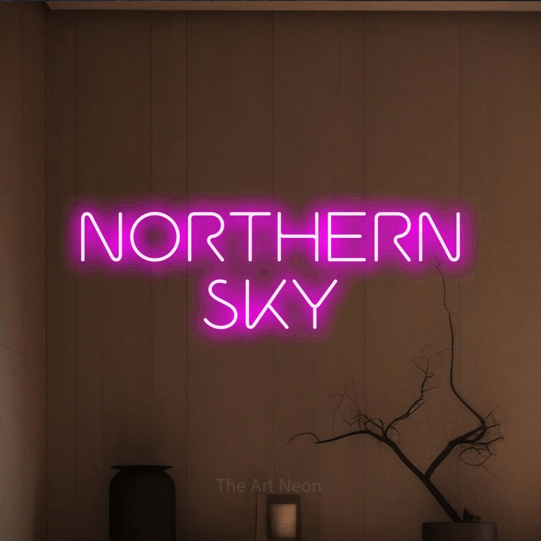 Pink LED neon sign reading "Northern Sky" against a warm brown wall