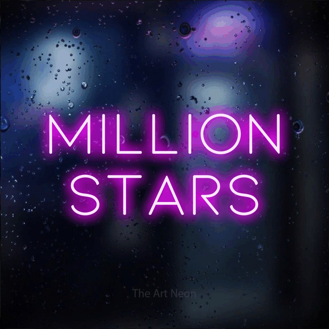 Enseigne néon à DEL à lumière rose, affichant « Million Stars » sur un arrière-plan bokeh bleu foncé