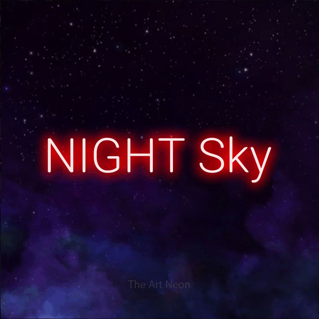 Red LED neon sign reading "Night Sky" against a purple galaxy background