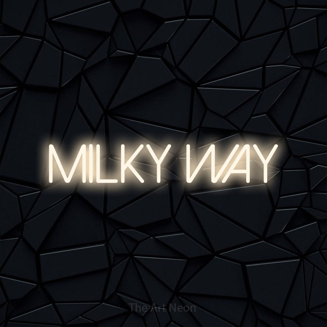 Warm white LED neon sign reading "Milky Way" against a black faceted wall