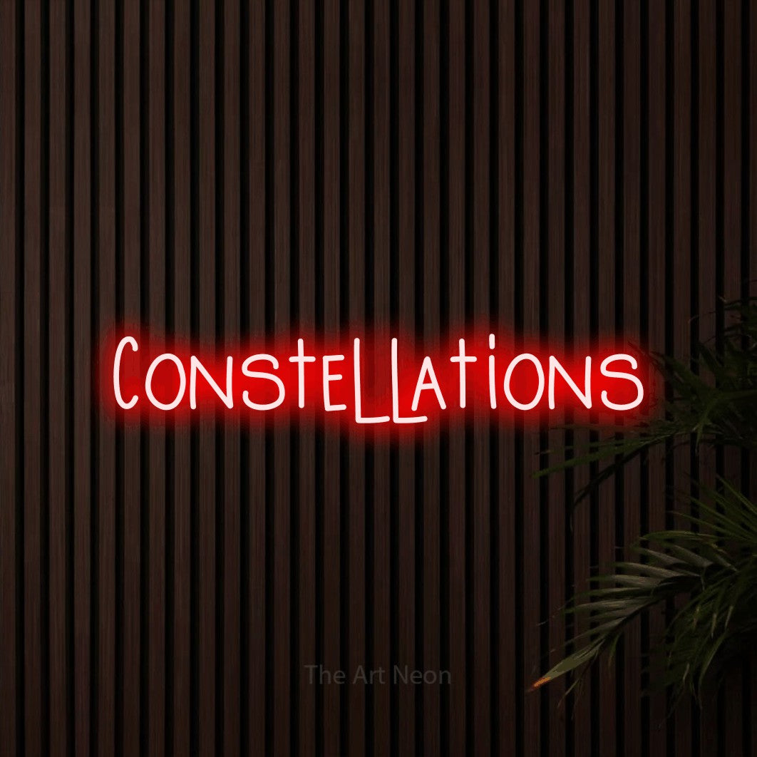 Red LED neon sign reading "Constellations" against dark wooden slats