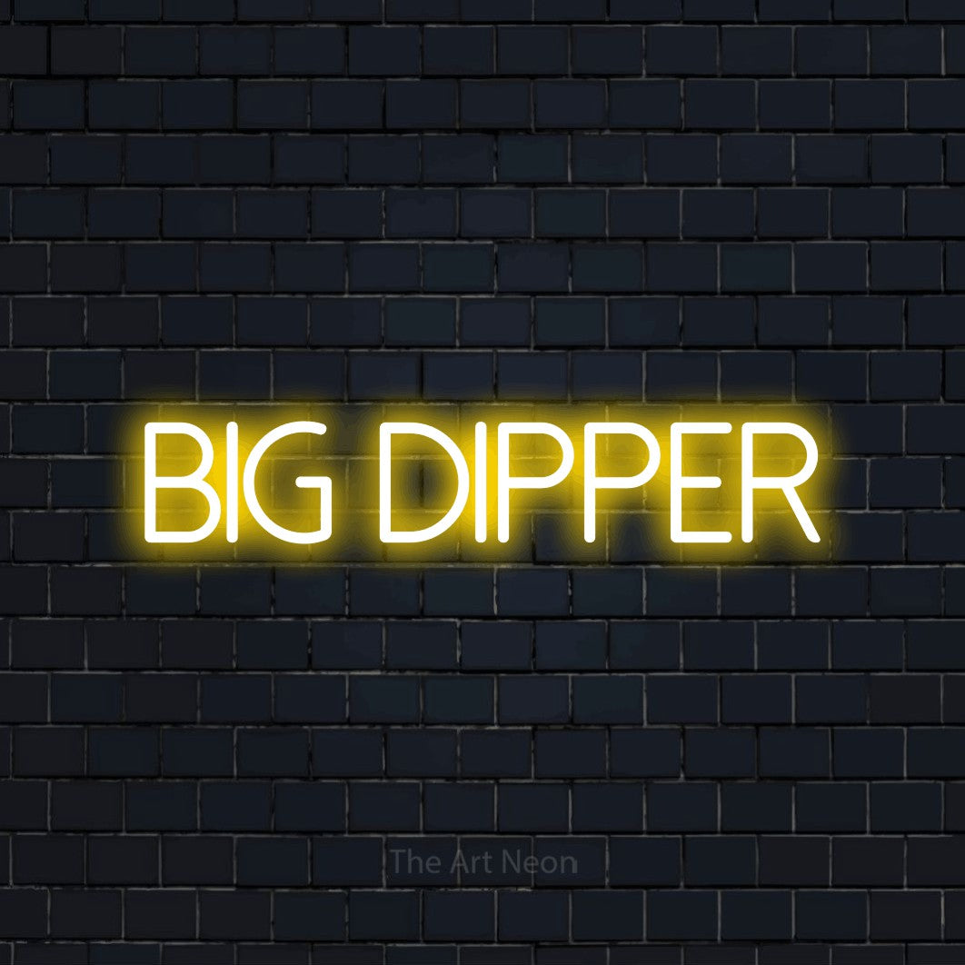 Yellow LED neon sign reading "Big Dipper" against a dark navy brick wall