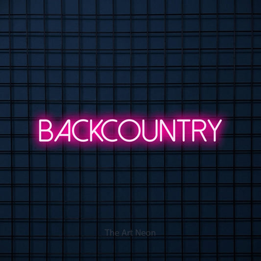 Hot pink LED neon sign reading "Backcountry" against a dark blue tiled wall