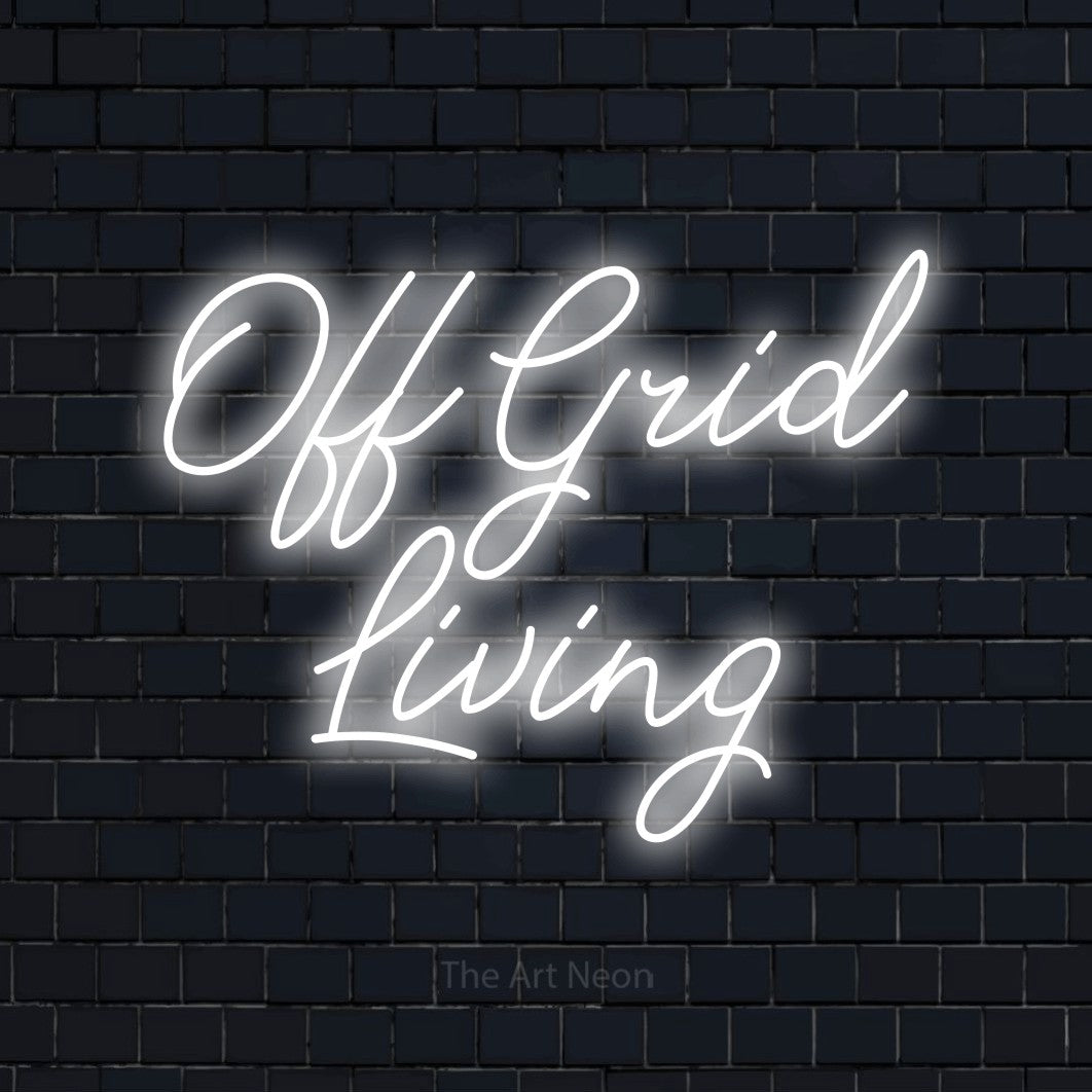 Cool white script-style LED neon sign reading "Off Grid Living" against a dark navy brick wall