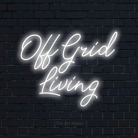 Cool white script-style LED neon sign reading "Off Grid Living" against a dark navy brick wall