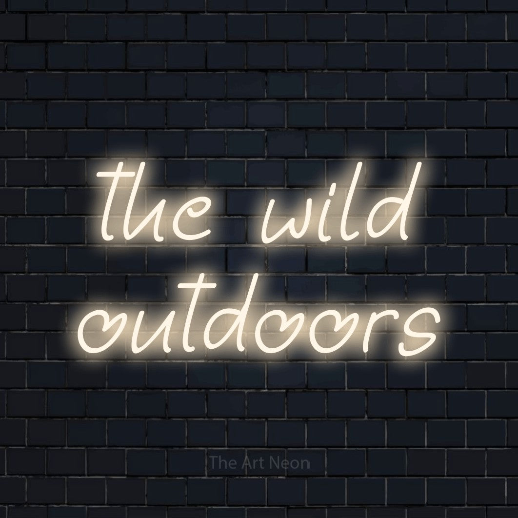 Warm white LED neon sign reading "The Wild Outdoors" against a dark navy brick wall