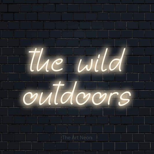 Warm white LED neon sign reading "The Wild Outdoors" against a dark navy brick wall